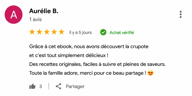Avis de lecteur n°1 sur Recettes pour les enfants (capture d'écran)
